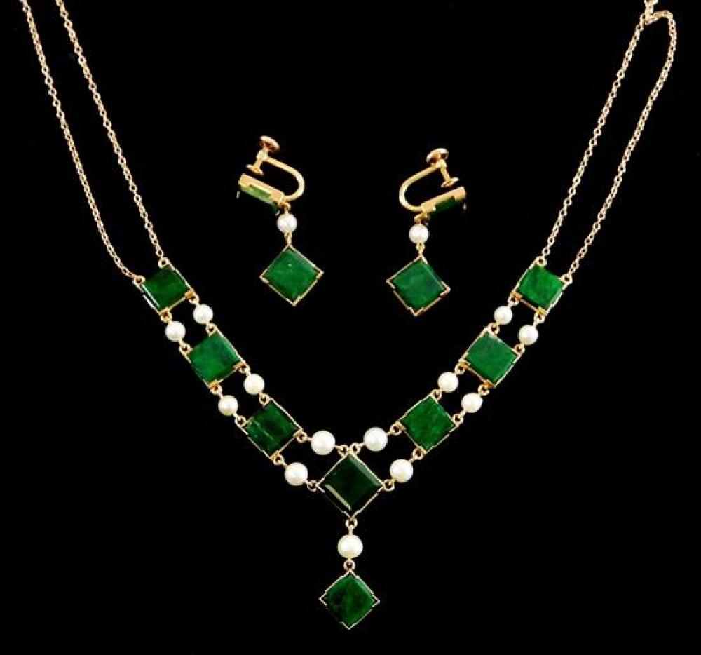 Appraisal: JEWELRY Malachite and Cultured Pearl Necklace and Earrings K yellow