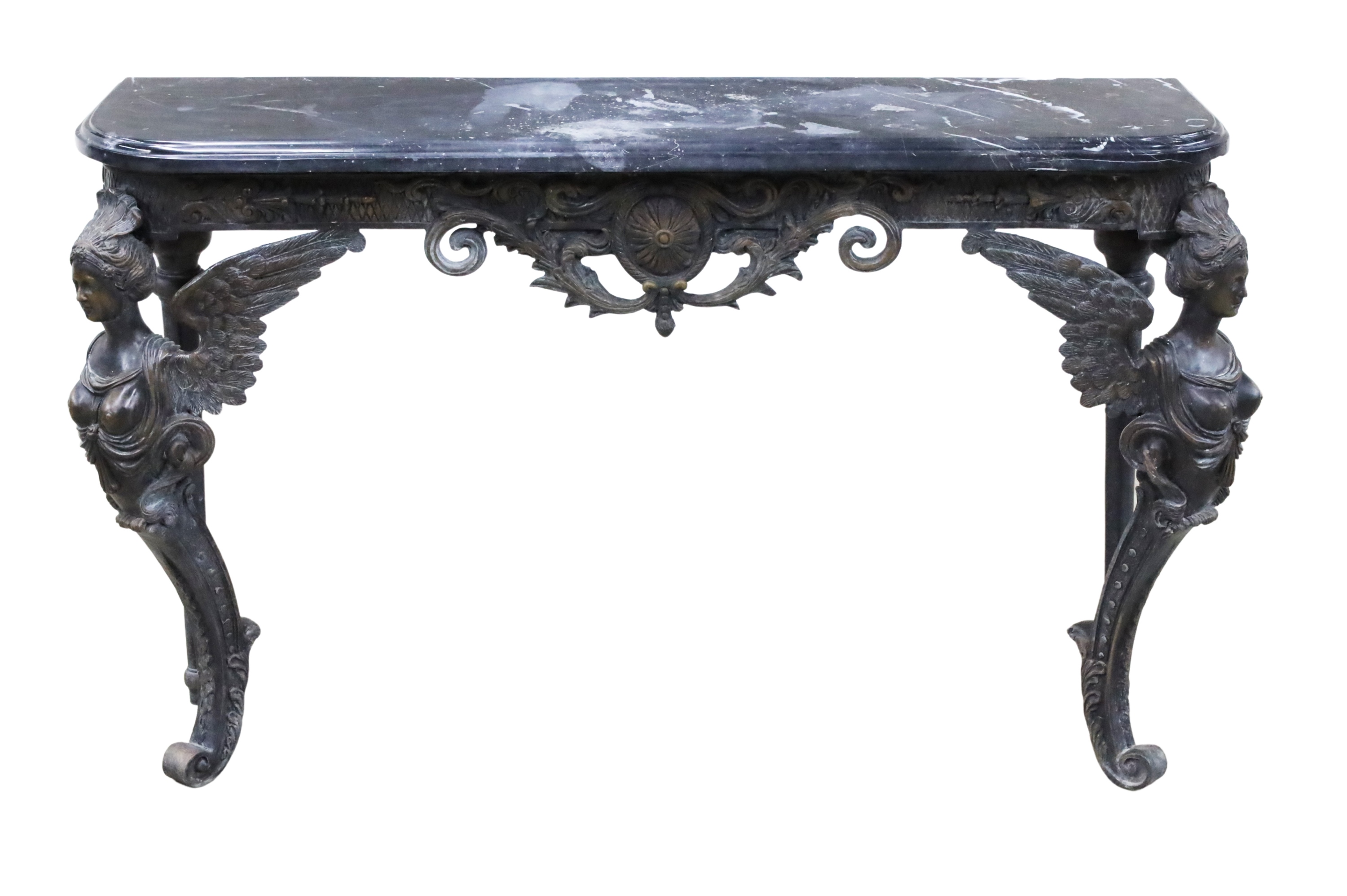 Appraisal: French Regency style bronze marble top console table having winged