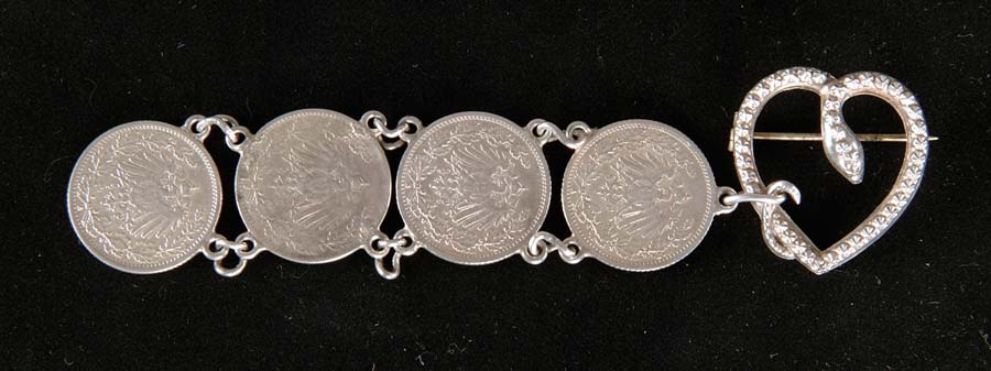 Appraisal: ANTIQUE COIN BROOCH Wonderful antique brooch has top pin in