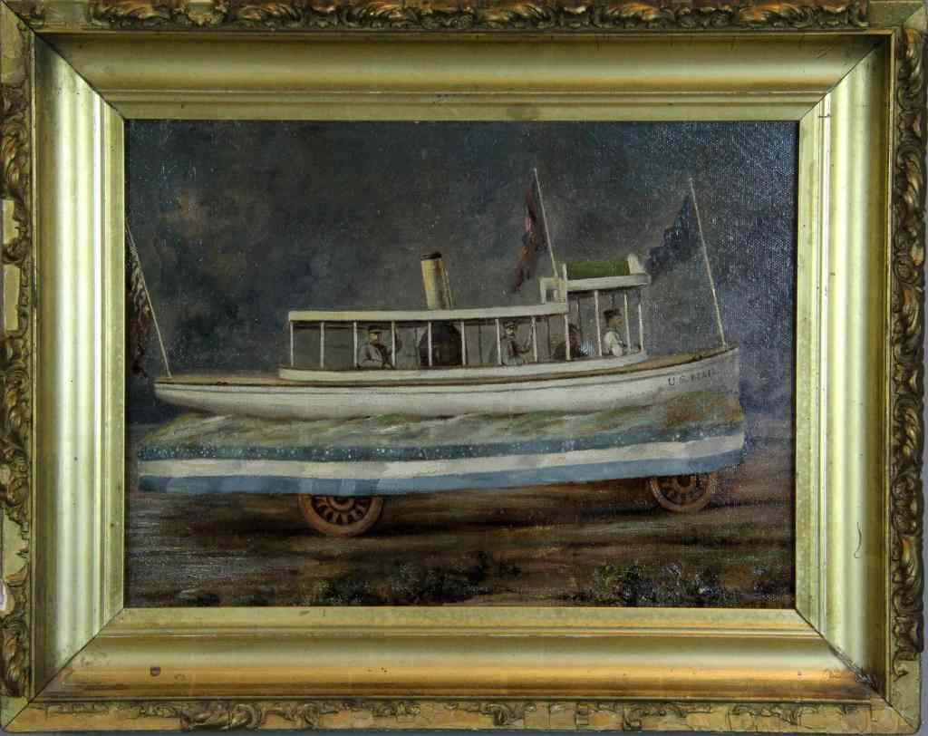 Appraisal: Oil Painting on Canvas of U S Mailboat FloatAmerican School