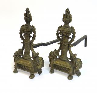 Appraisal: Two Brass Andirons Two Brass Andirons A pair in Neoclassical