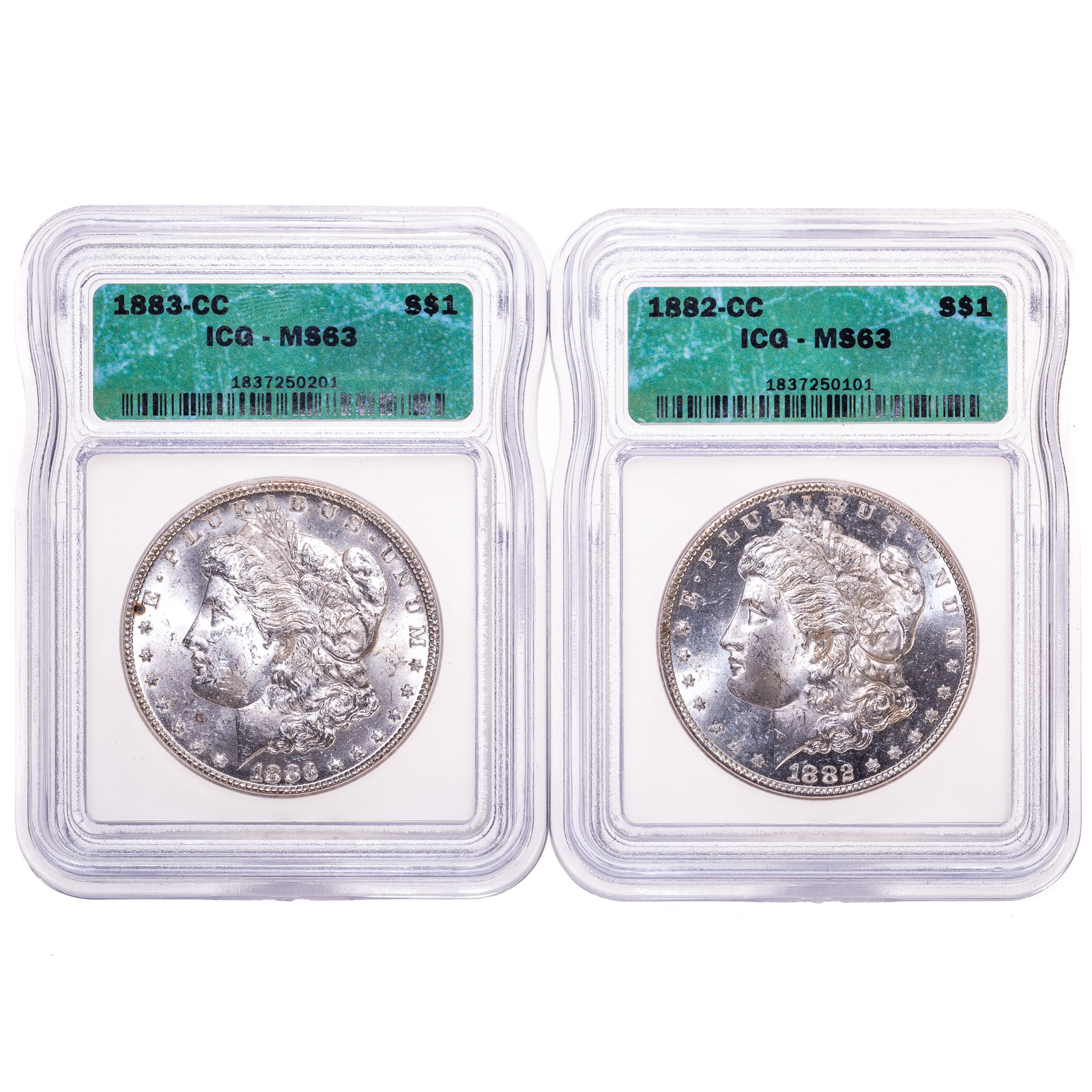 Appraisal: A PAIR OF ICG GRADE CC MORGANS DOLLARS -CC ICGS