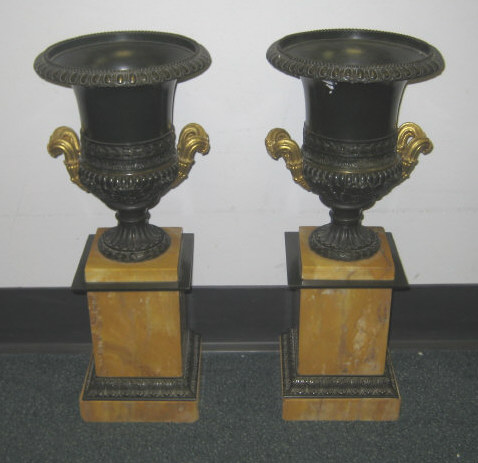 Appraisal: PAIR FRENCH EMPIRE STYLE BRONZE URNS Campana shaped with gilt