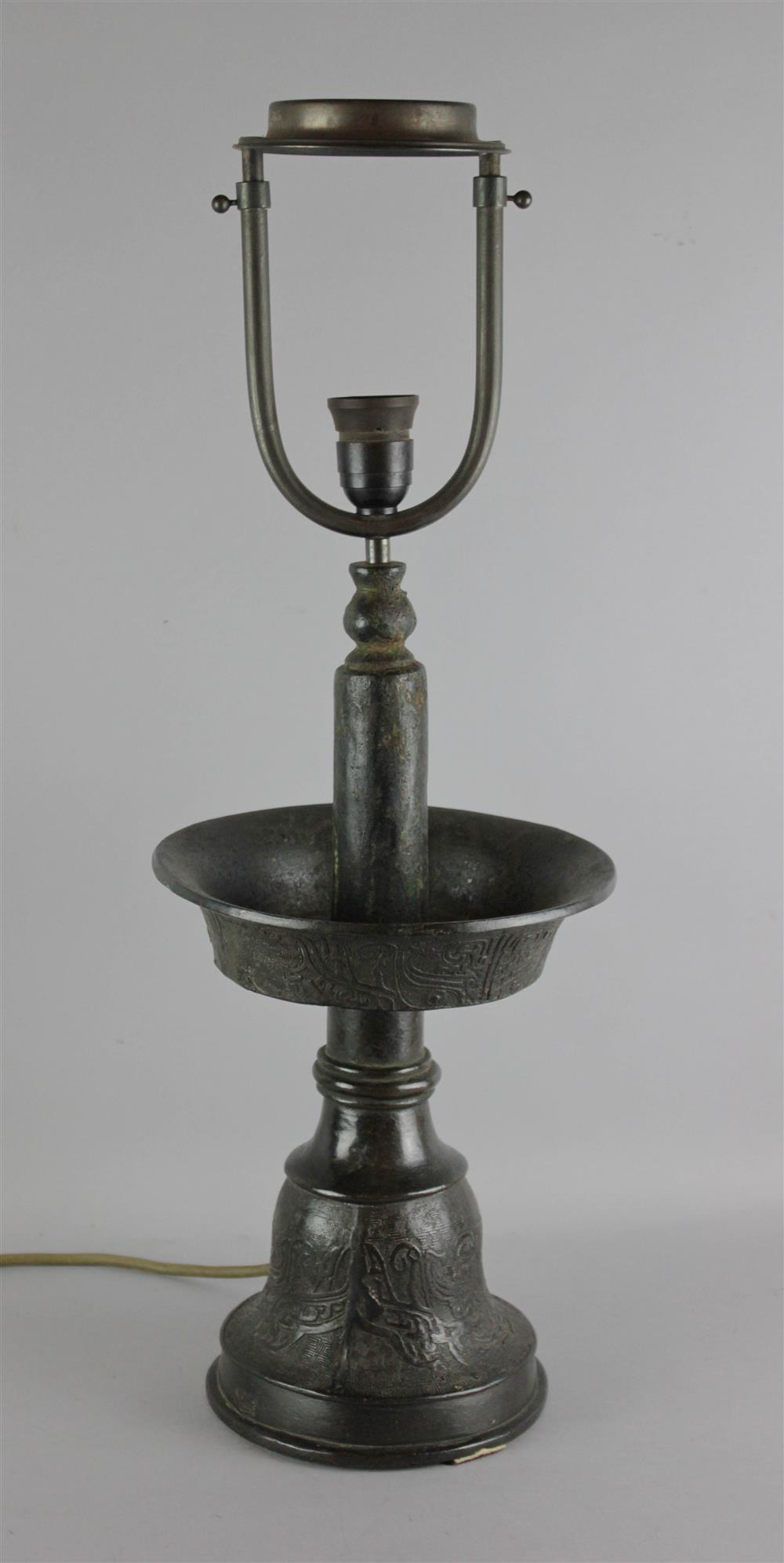 Appraisal: CHINESE ARCHAISTIC BRONZE PRICKET STICK of typical form with delicately