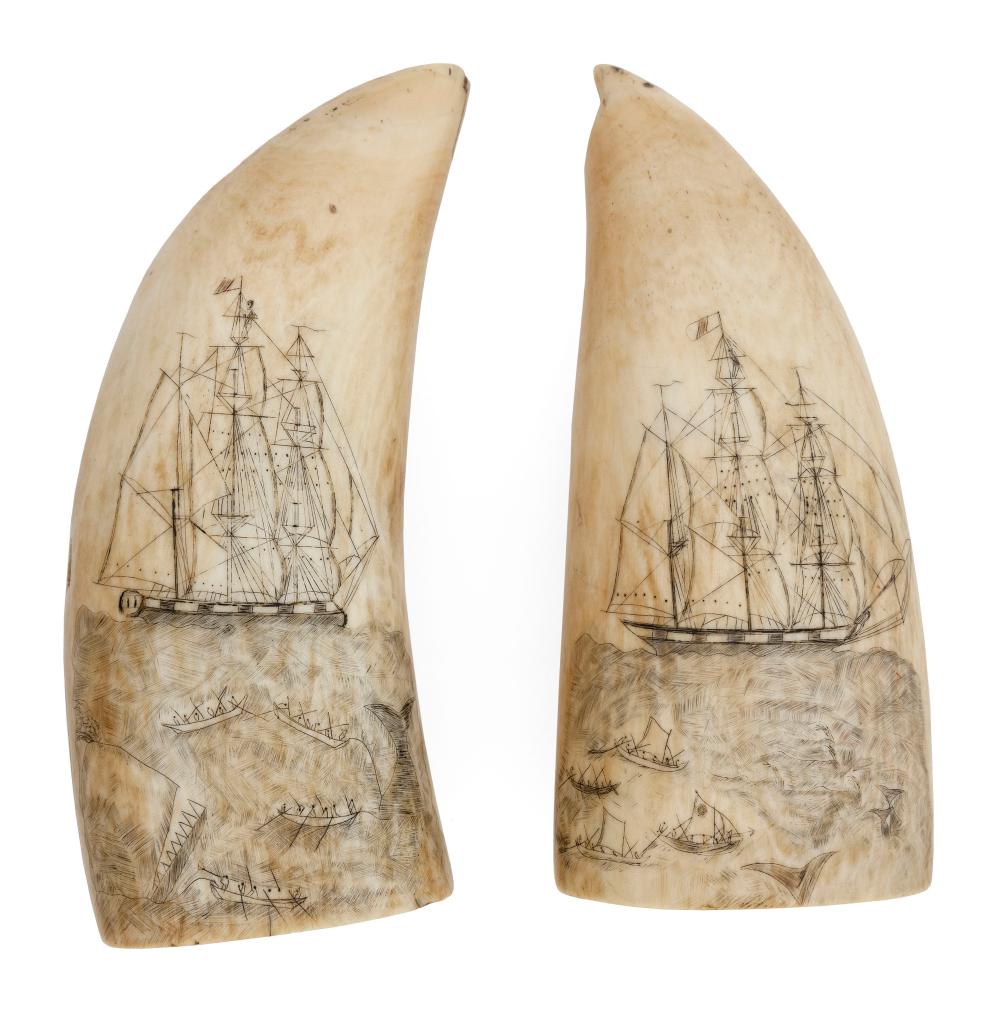 Appraisal: PAIR OF SCRIMSHAW WHALE'S TEETH WITH WHALING SCENES MID- TH