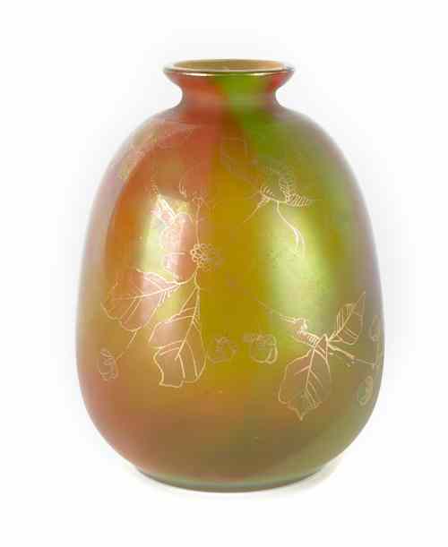 Appraisal: Loetz art glass vase with gilt floral decoration h Provenance