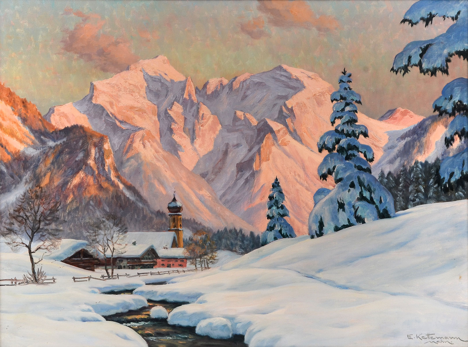 Appraisal: KETTEMANN Erwin German - Snow Covered Alpine Glowing Landscape Oil