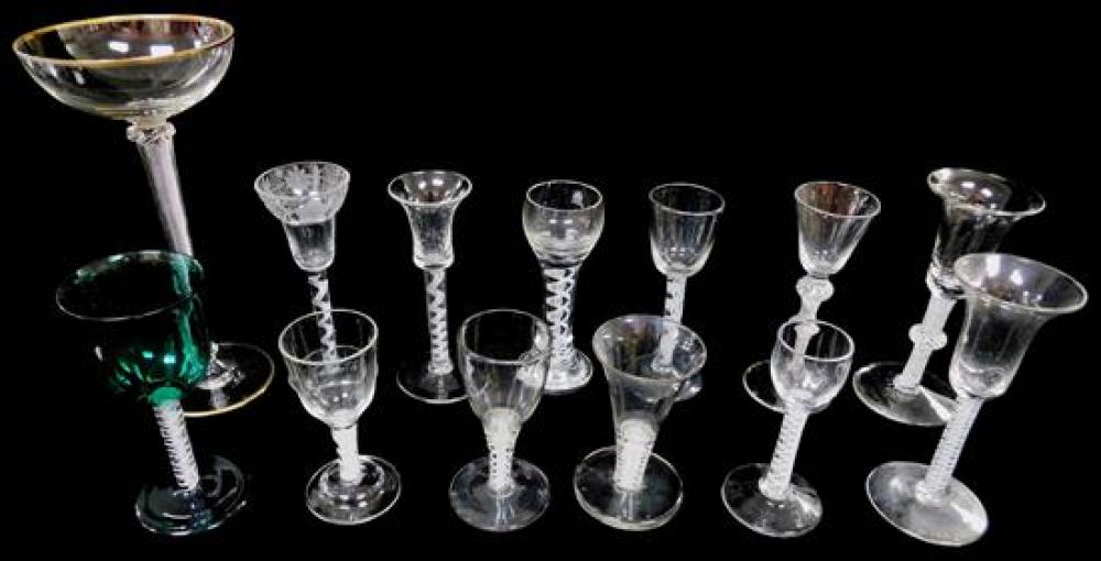 Appraisal: GLASS Thirteen blown mostly wine glasses with internally decorated stems