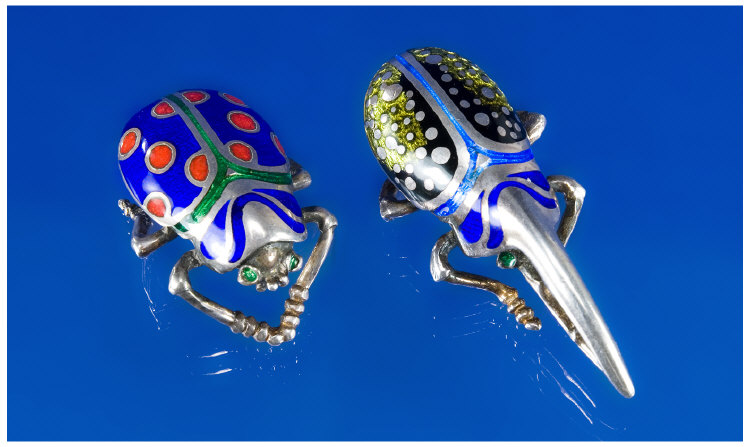 Appraisal: Two Silver and Enamel Beetle Figures Both stamped for Sterling