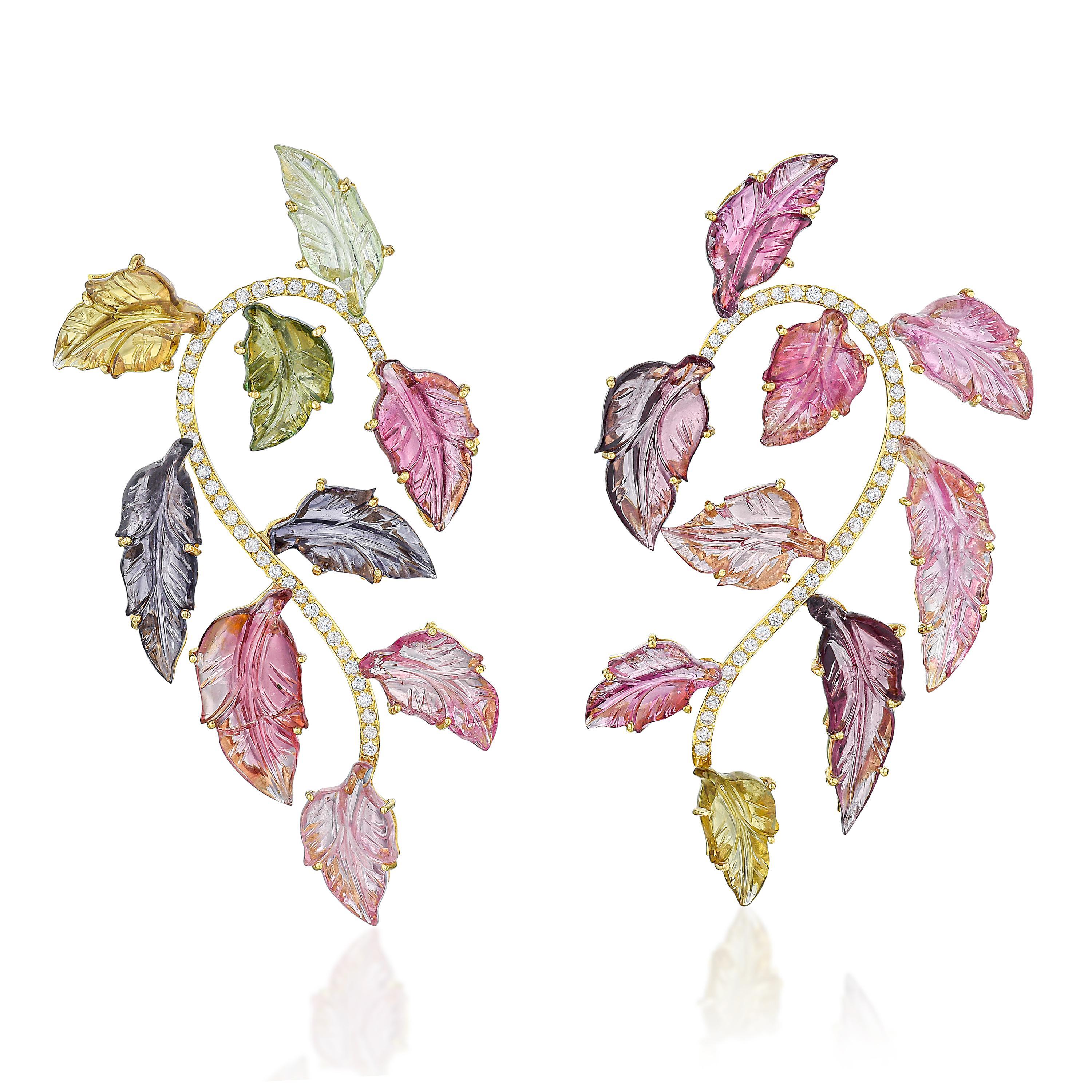 Appraisal: MULTI COLOR TOURMALINE LEAF AND DIAMOND EARRINGS METAL K gold