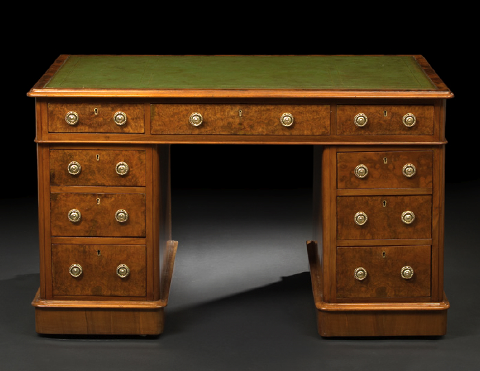 Appraisal: Victorian Mahogany and Burlwood Pedestal Desk late th century in