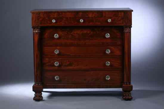 Appraisal: AMERICAN EMPIRE MAHOGANY CHEST-OF-DRAWERS early th century Raised rectangular back