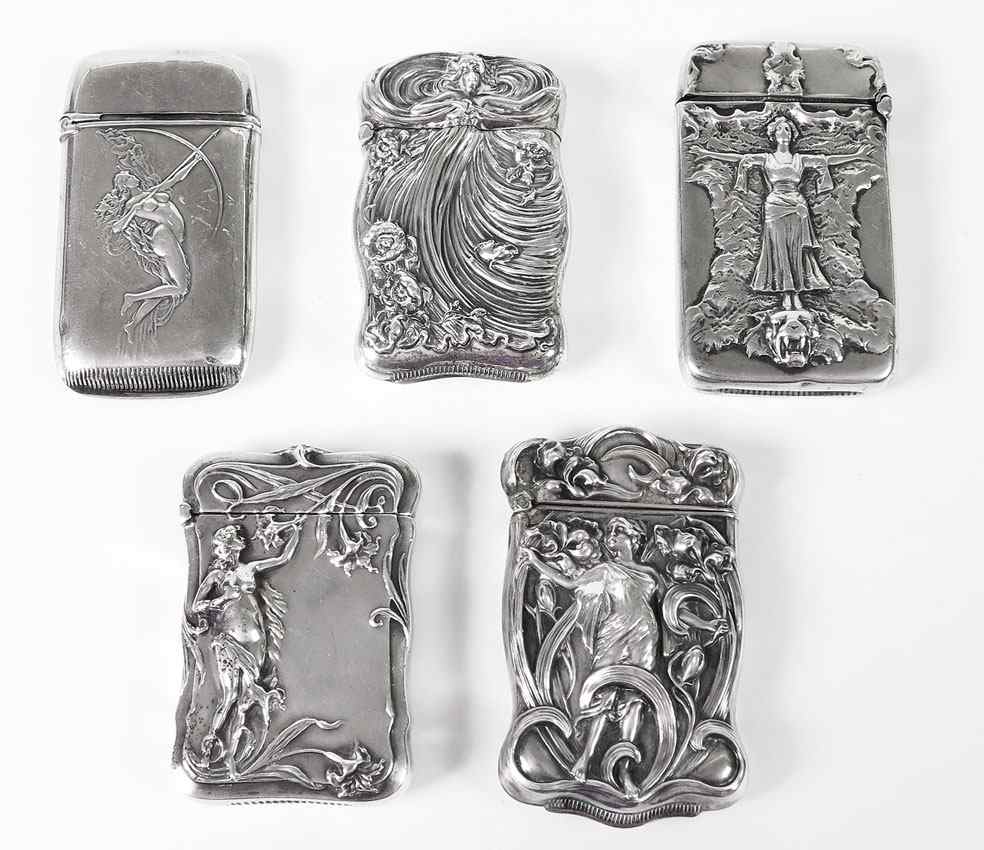 Appraisal: ART NOUVEAU FIGURAL STERLING MATCH SAFES To include Gorham woman