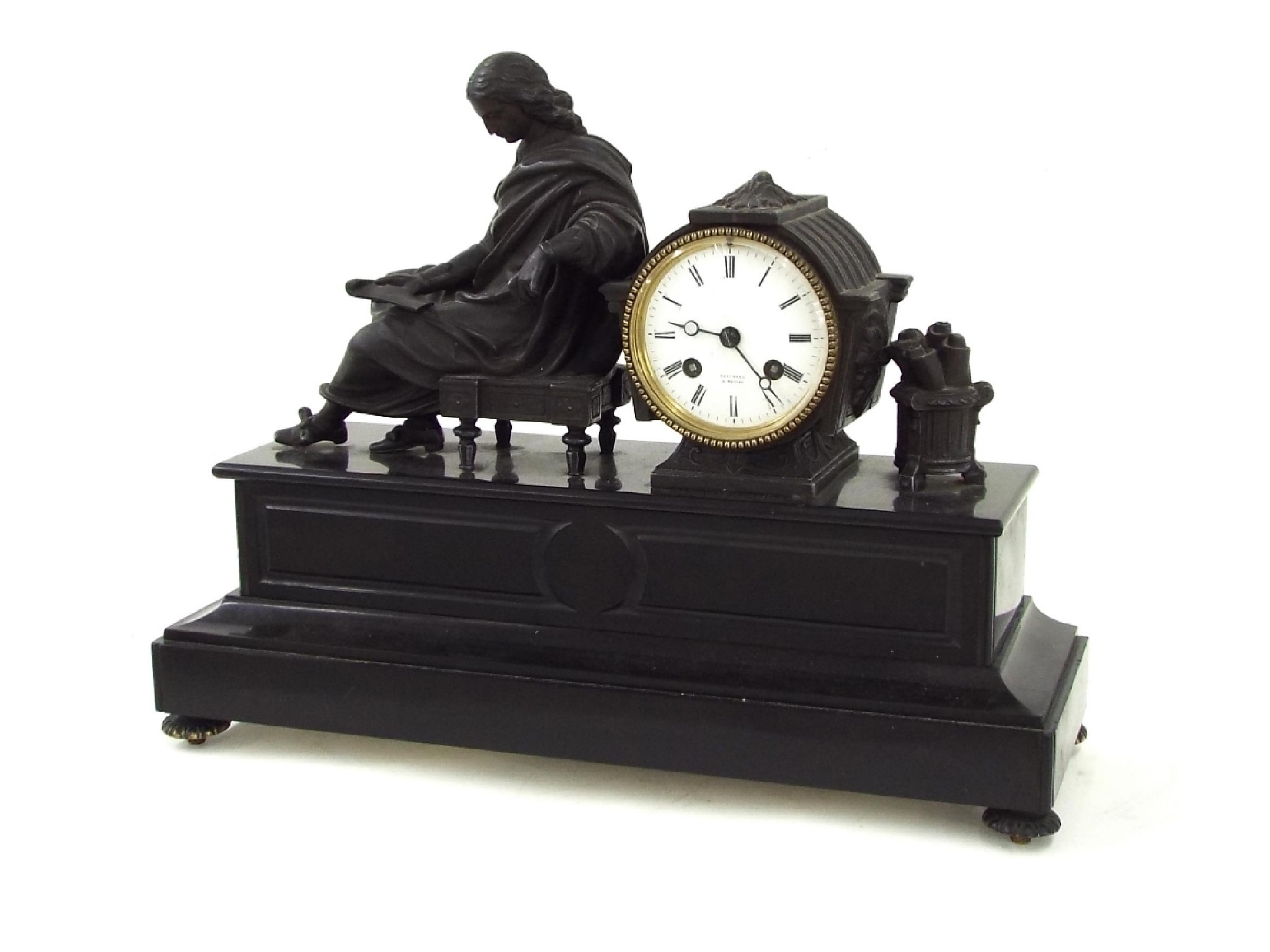 Appraisal: Black slate and spelter two train figural mantel clock the