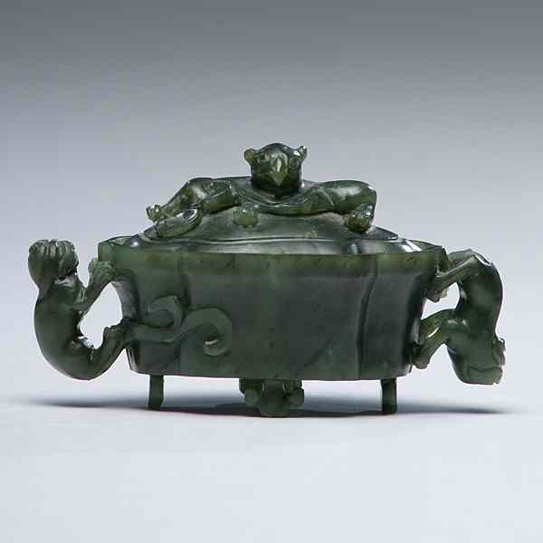 Appraisal: Chinese Carved Spinach Jade Lidded Vessel a finely carved spinach