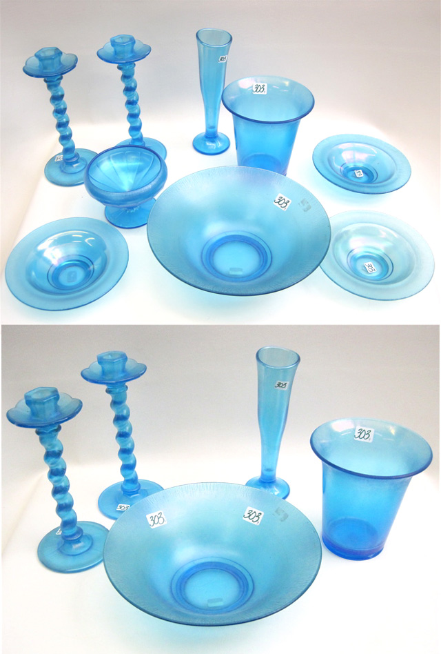 Appraisal: NINE PIECES BLUE STRETCH GLASS bowls set of three D