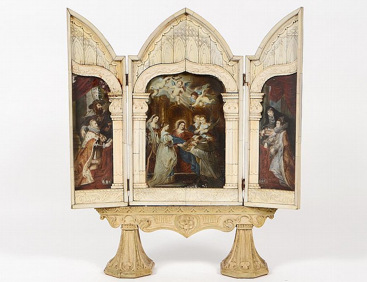 Appraisal: CONTIN GOTHIC STYLE PAINTED CARVED IVORY TRIPTYCHSpanish or Italian Circa