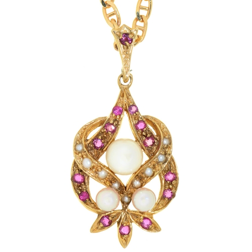 Appraisal: A ruby cultured pearl and split pearl entwined pendant in