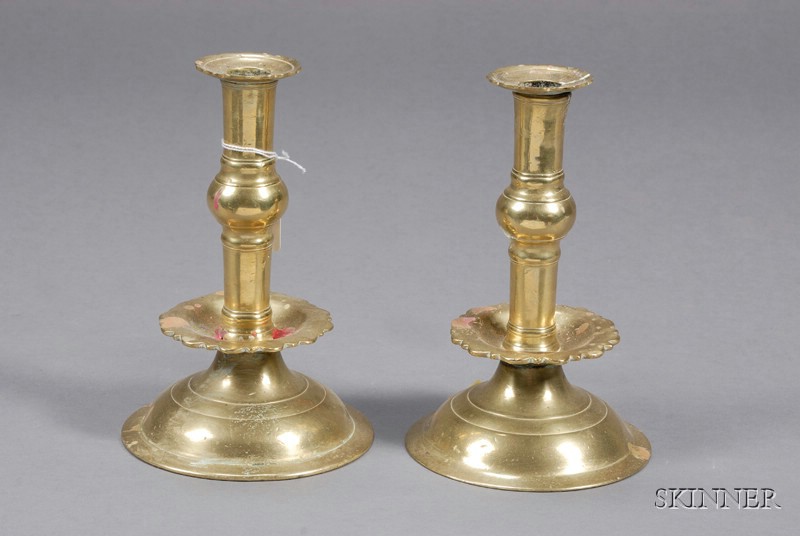 Appraisal: Pair of Continental Heemskerk-type Brass Candlesticks th century stem with