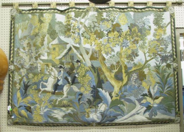 Appraisal: A scenic French Style wall tapestry depicting figures on horseback