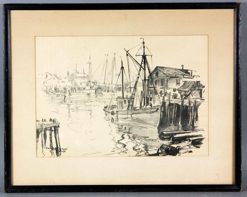 Appraisal: - Gruppe Harbor Scene Ink Emile Albert Gruppe American harbor