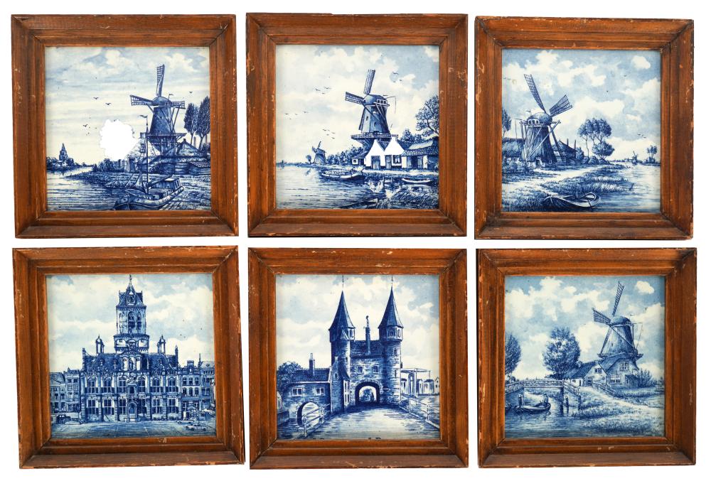 Appraisal: SIX FRAMED DELFT POTTERY TILESone with printed factory mark and