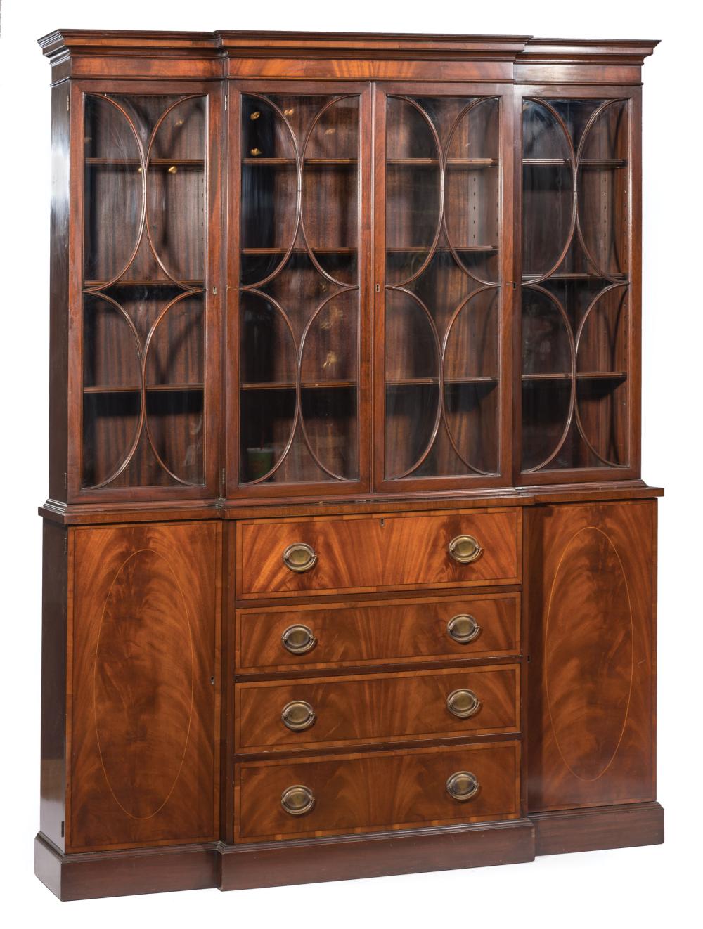 Appraisal: Regency-Style Mahogany Breakfront Secretary Bookcase labeled M A Berkey and