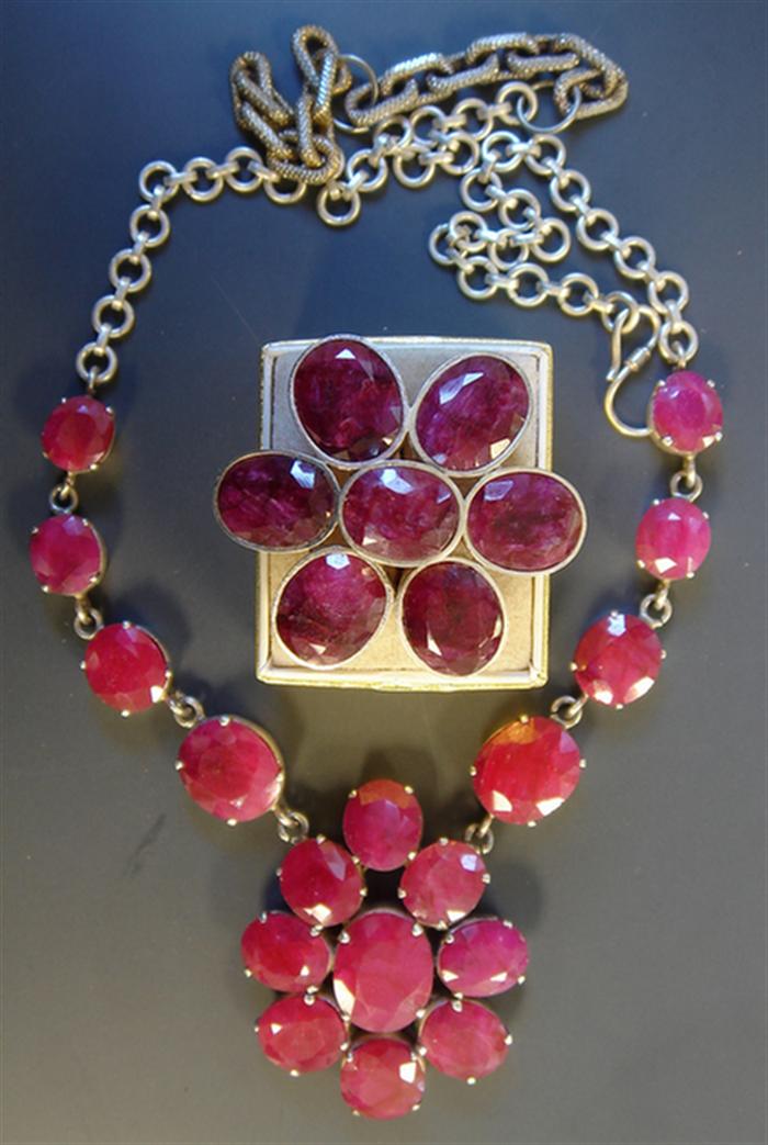 Appraisal: Sterling and Ruby Necklace and Complementing Ring necklace with a