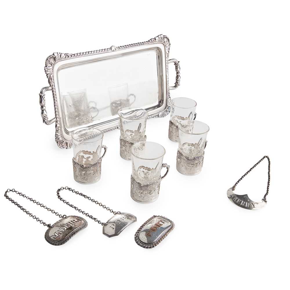 Appraisal: A MATCHED EDWARDIAN SET OF LIQUEUR GLASSES AND TWIN-HANDLED TRAY