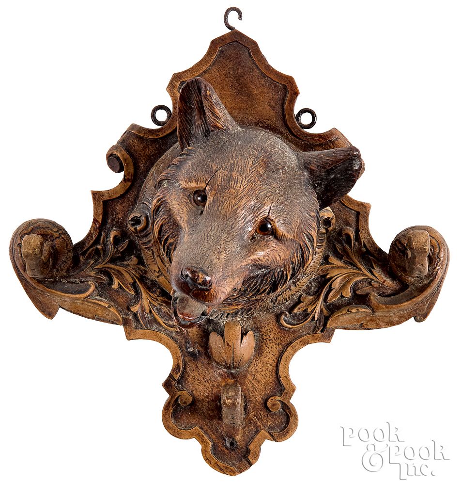 Appraisal: Black Forest carved wolf head wall plaque Black Forest carved