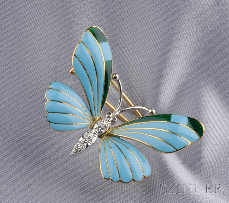 Appraisal: kt Bicolor Gold Enamel and Diamond Butterfly Clip Brooch Tiffany