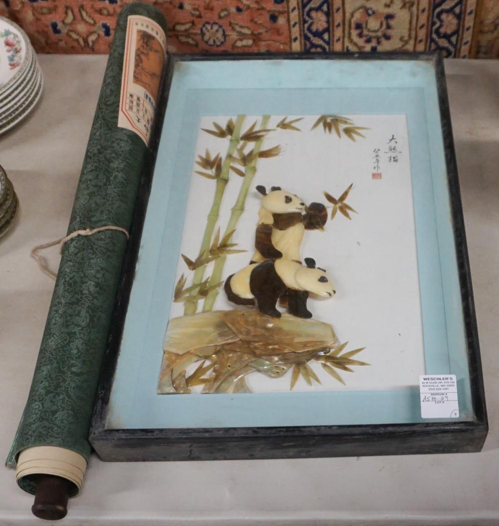 Appraisal: CHINESE STONE INLAID PANDA PANEL AND A PRINTED SCROLLChinese Stone