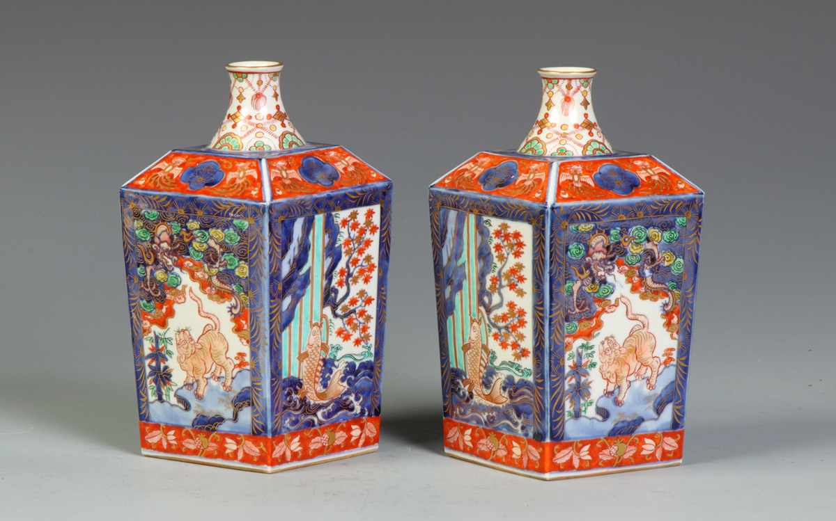 Appraisal: Pair of Square Imari Vases w Fish Tiger Exc Ht