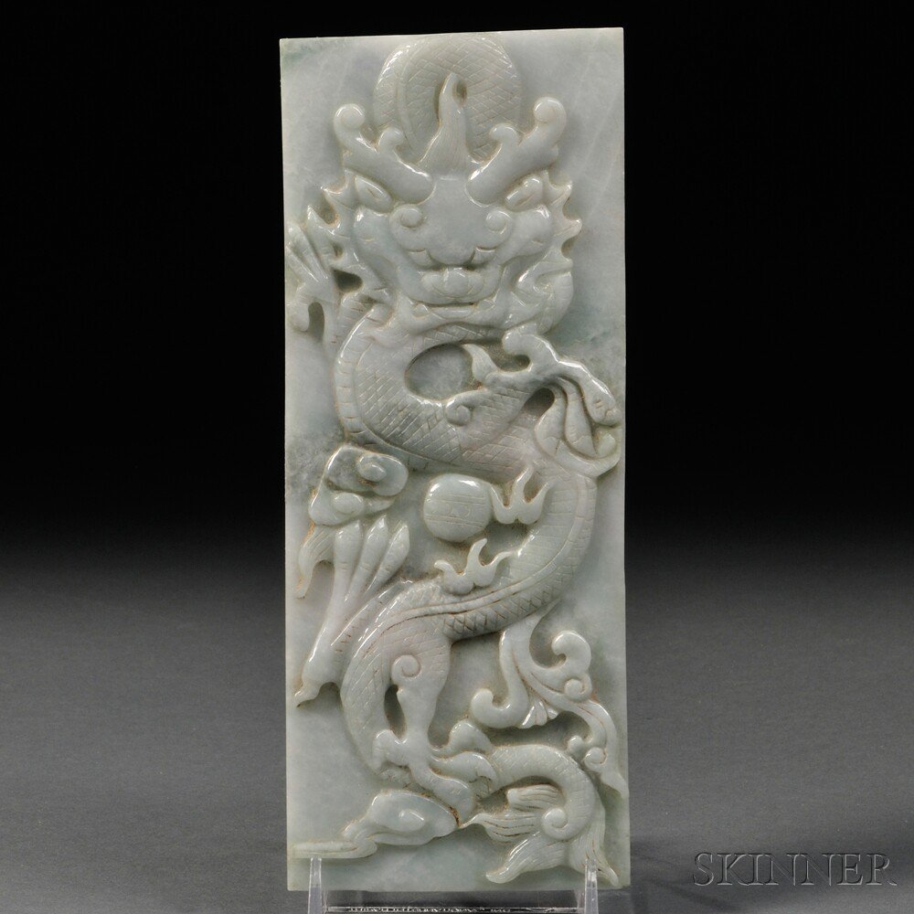 Appraisal: Jadeite Plaque with Dragon China th century rectangular decorated in