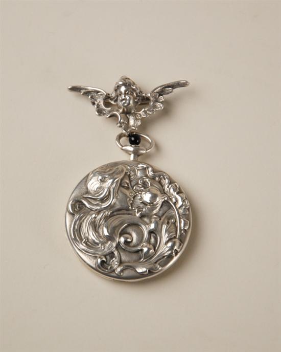 Appraisal: An Art Nouveau Sterling Locket and winged cherub lapel watch