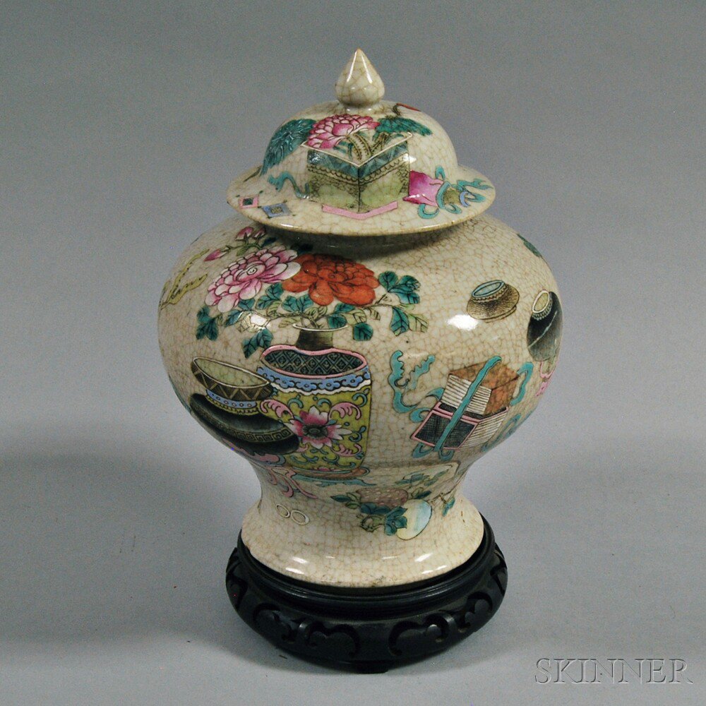 Appraisal: Chinese Famille Rose Covered Jar th century compressed baluster form