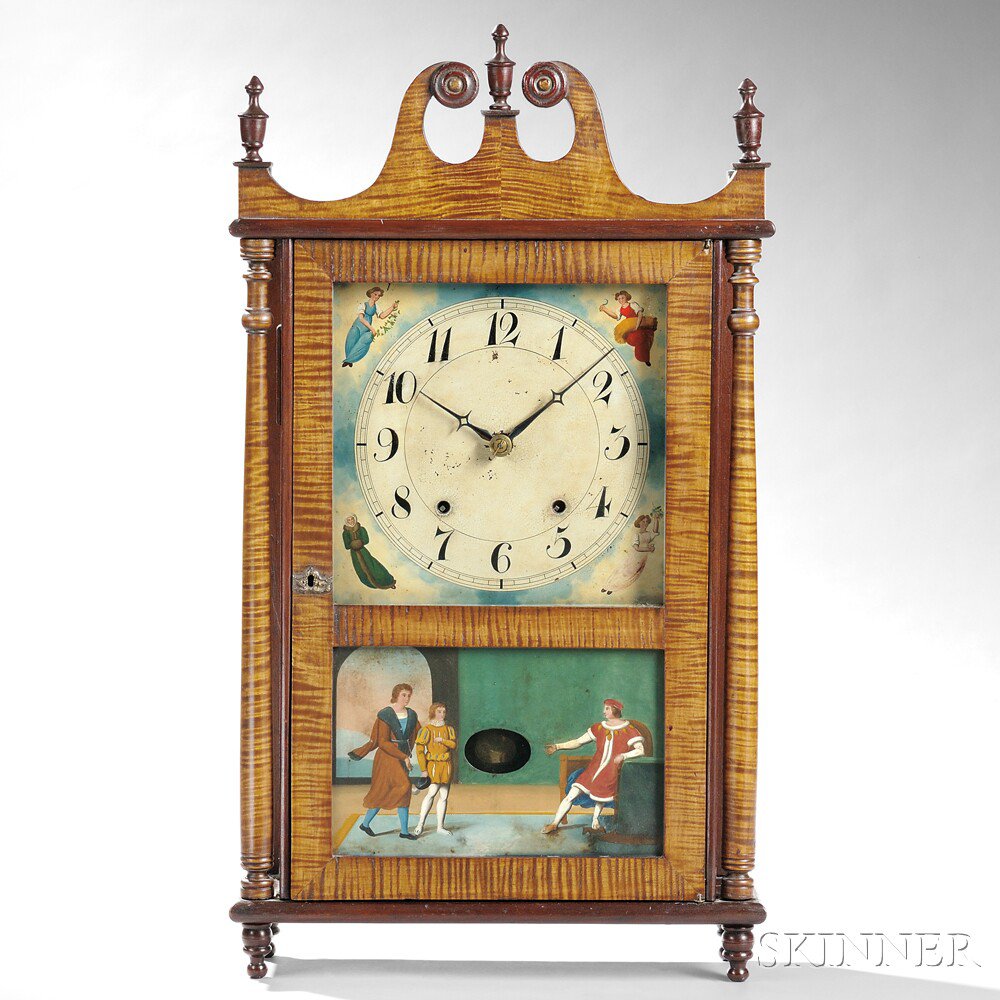 Appraisal: Pennsylvania Tiger Maple Pillar and Scroll Clock c scroll top