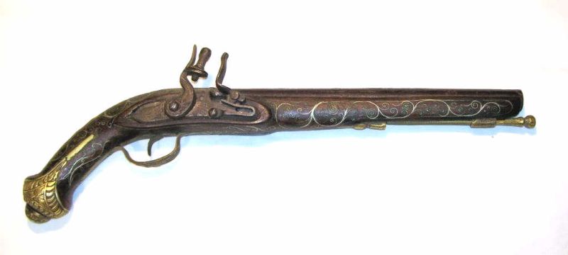 Appraisal: European Flint Lock Horse Pistol Possibly French Silver wire inlay