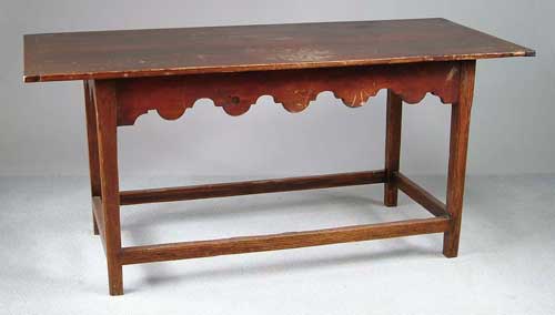 Appraisal: LARGE EARLY TAVERN TABLE Square tapering legs having box stretcher