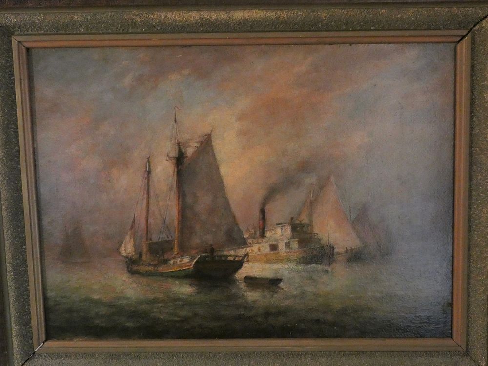 Appraisal: FRANK PULLING HARBOR PAINTING Antique oil painting on wood panel