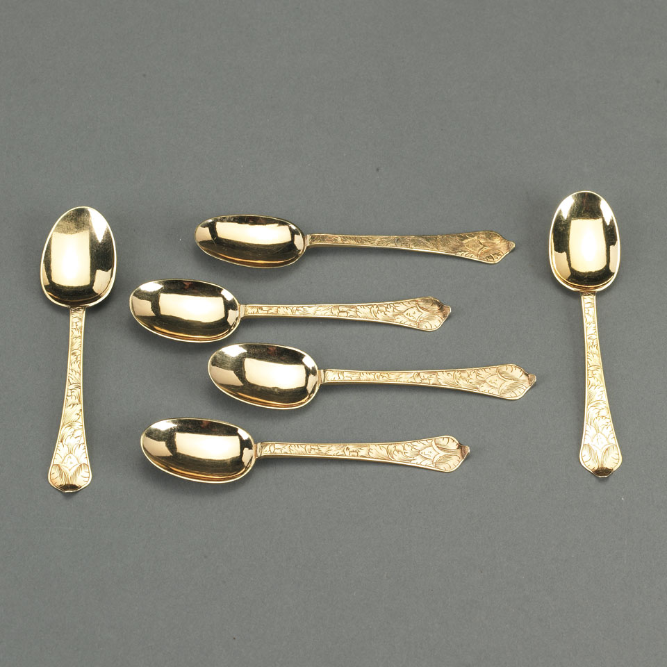 Appraisal: Set of Six William Mary Silver-Gilt Engraved Dog-Nose Teaspoons Jean