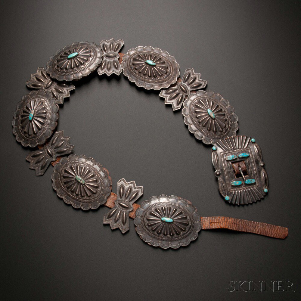 Appraisal: Navajo Silver and Turquoise Concha Belt six large conchas with