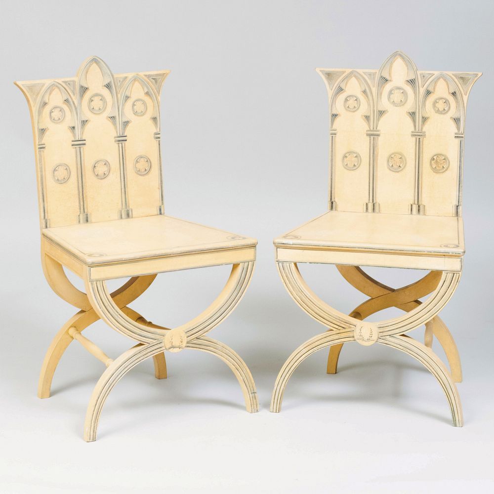 Appraisal: Pair of English Neo-Gothic Style Painted Hall Chairs of Recent