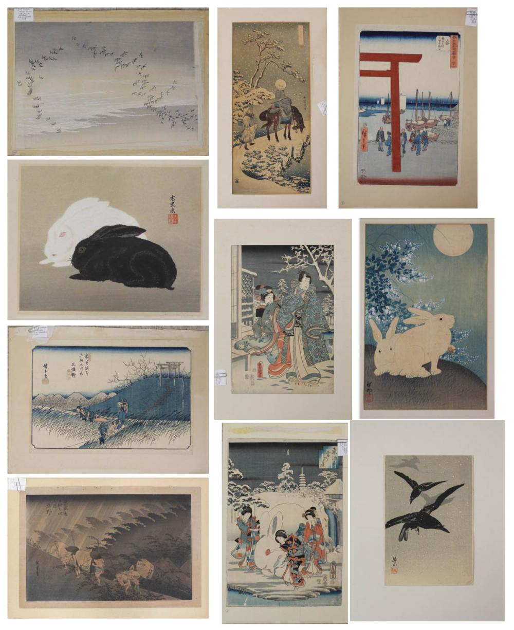 Appraisal: TEN JAPANESE WOODCUT PRINTS various artists featuring landscapes geisha actors