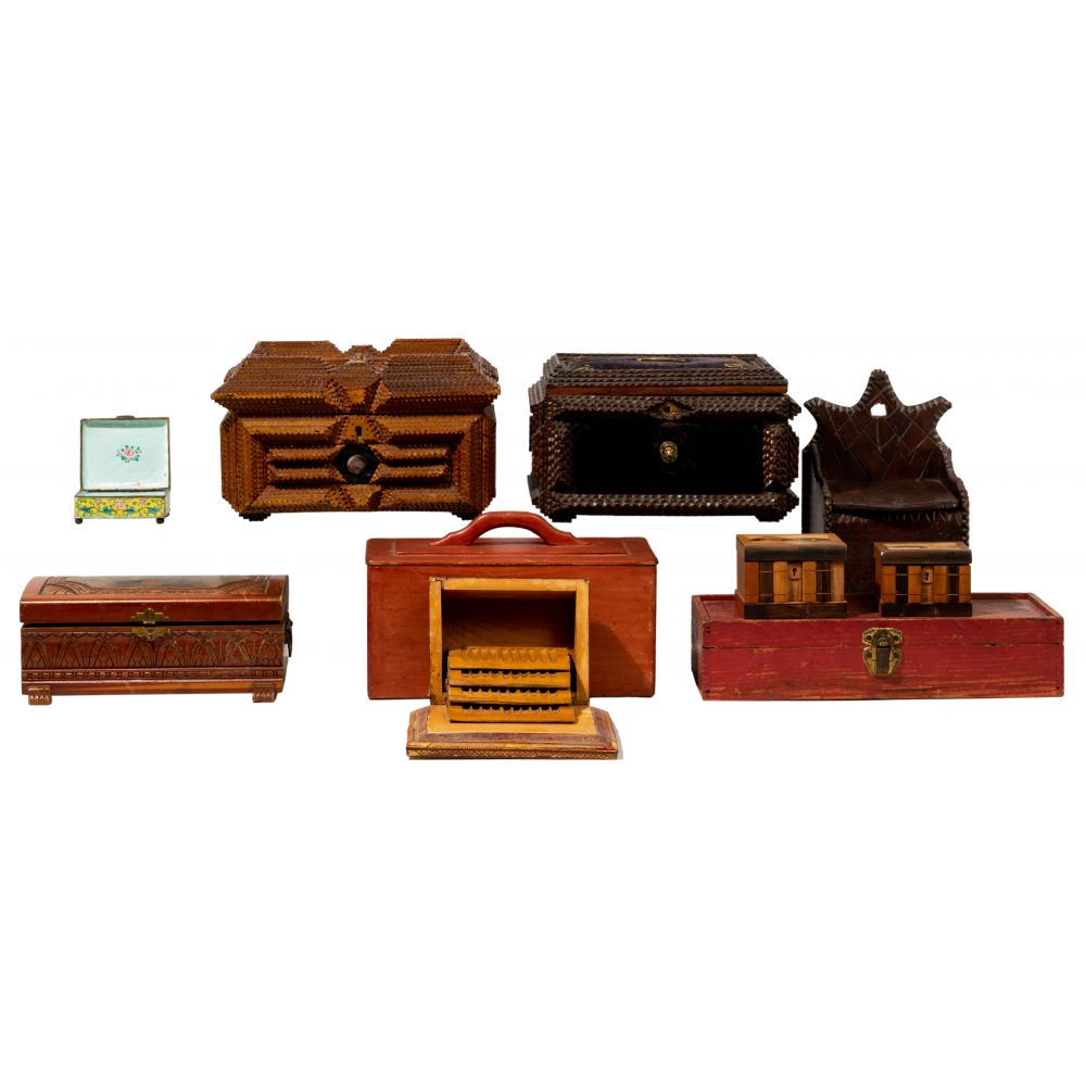 Appraisal: TRAMP ART BOX ASSORTMENT items including hinged jewelry boxes having