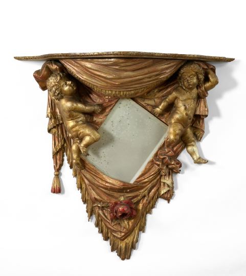 Appraisal: Large Italian Carved Giltwood Bracket Shelf Looking Glass fourth quarter