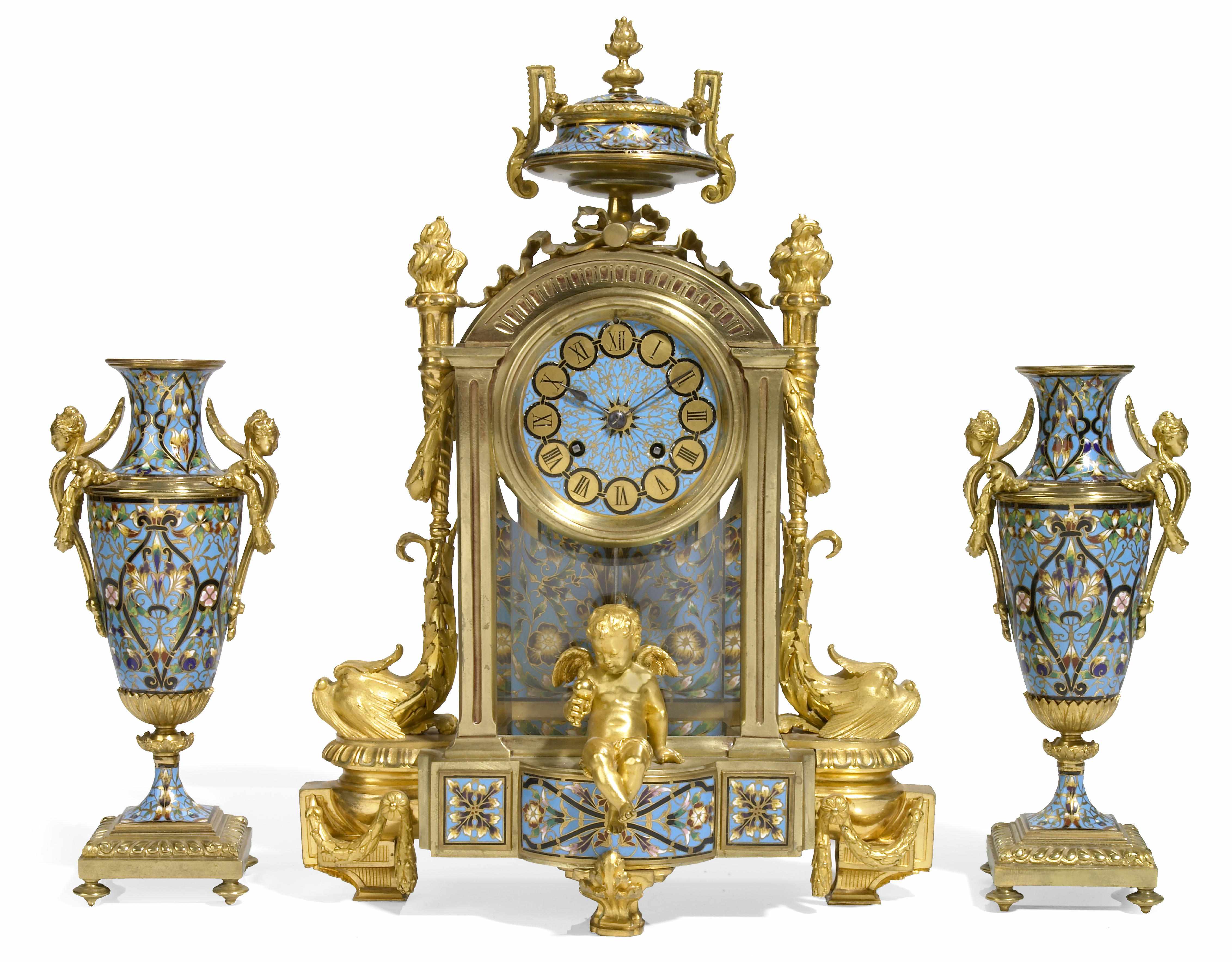 Appraisal: An assembled French gilt bronze and champlev enameled clock garniture