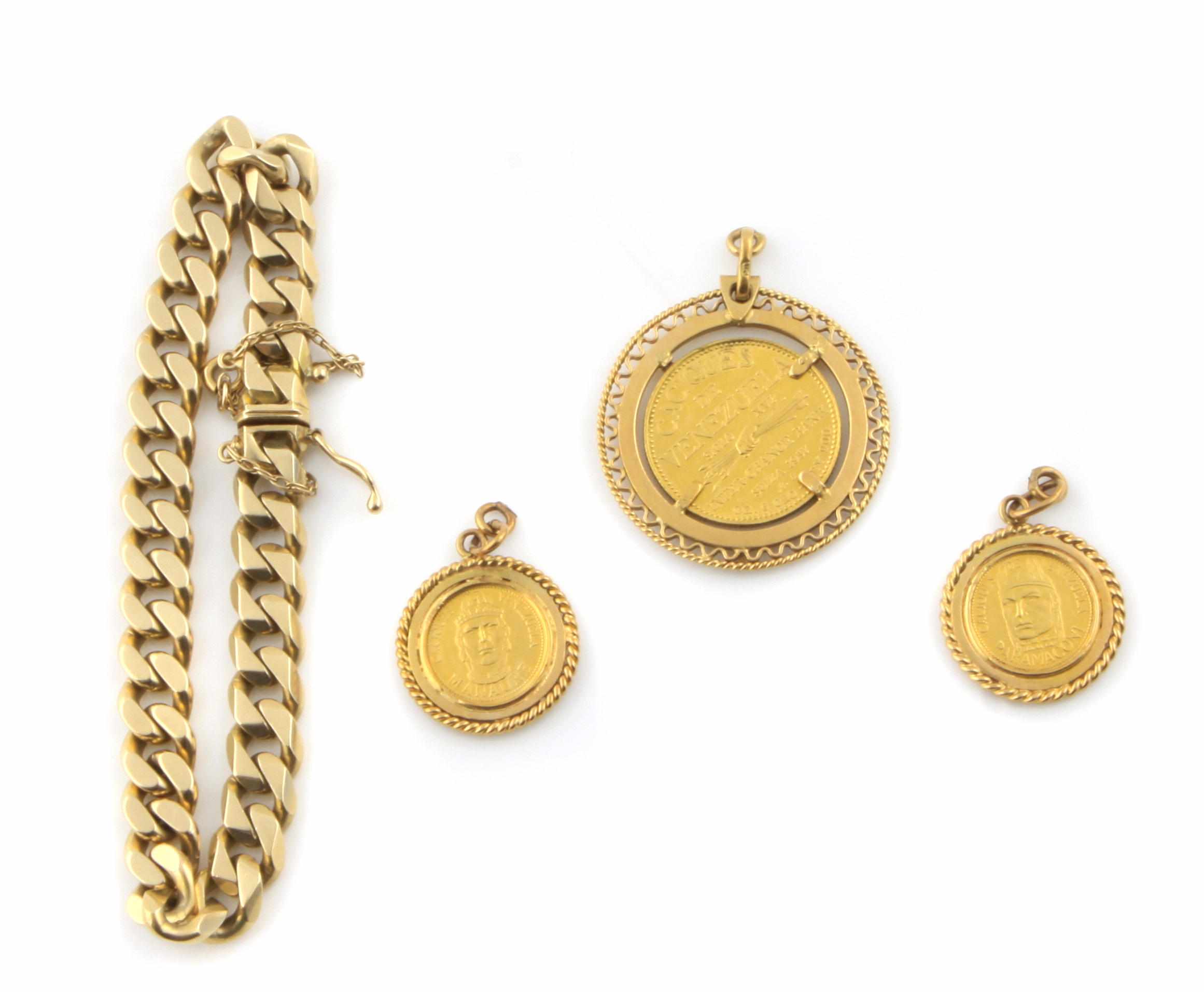 Appraisal: A k gold curb link bracelet suspending three Venezulan gold