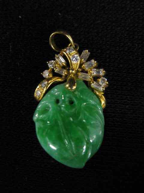 Appraisal: Jade Diamond Pendant rich green plum shape round baquette diamonds