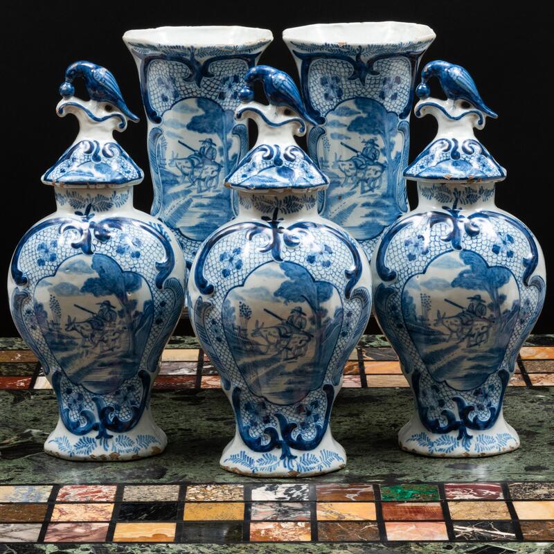 Appraisal: Delft Blue and White Five-Piece Garniture Blue painted mark Comprising